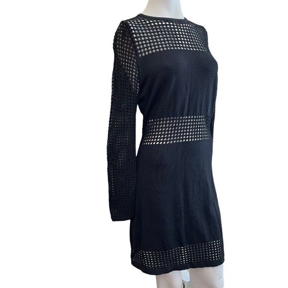 Missguided 14 Black Crochet Bodycon Dress Waffle Waist Long Sleeve Open Knit - Picture 2 of 5